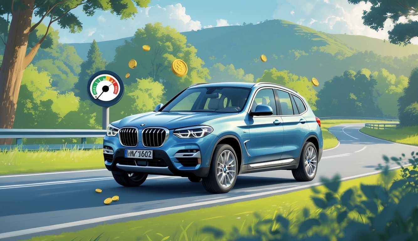 BMW X3 vozi cestom okružen prirodom s prikazom simbola goriva i novca koji označavaju potrošnju goriva i troškove vožnje.
