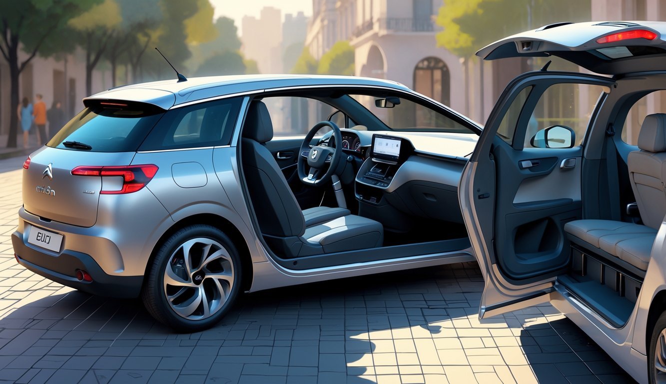 Prikaz Citroën 1.4 HDi automobila s otvorenim vratima koja otkrivaju prostran i udoban unutarnji prostor, s osobom koja ulazi u vozilo i prtljagom u prtljažniku.