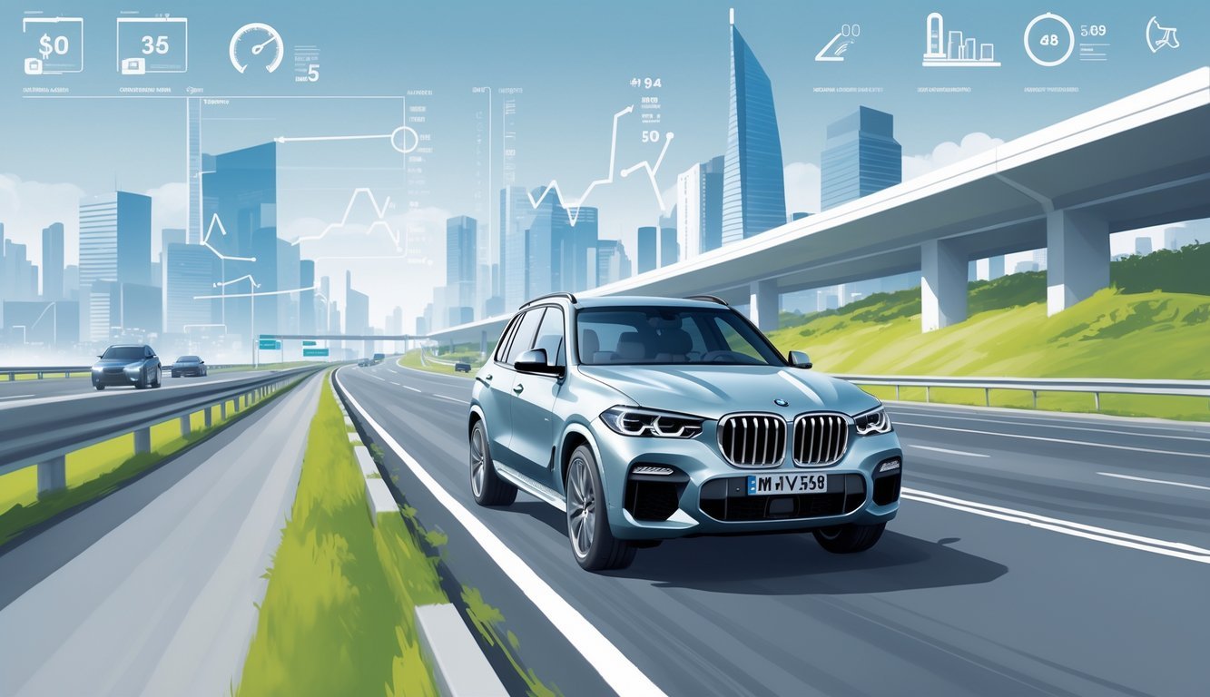 BMW X5 vozi cestom kroz grad s prikazom simbola goriva i troškova u pozadini.