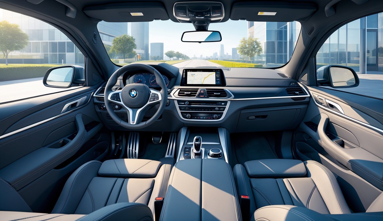 Unutrašnjost i vanjski izgled BMW X5 automobila prikazani u modernom gradskom okruženju.