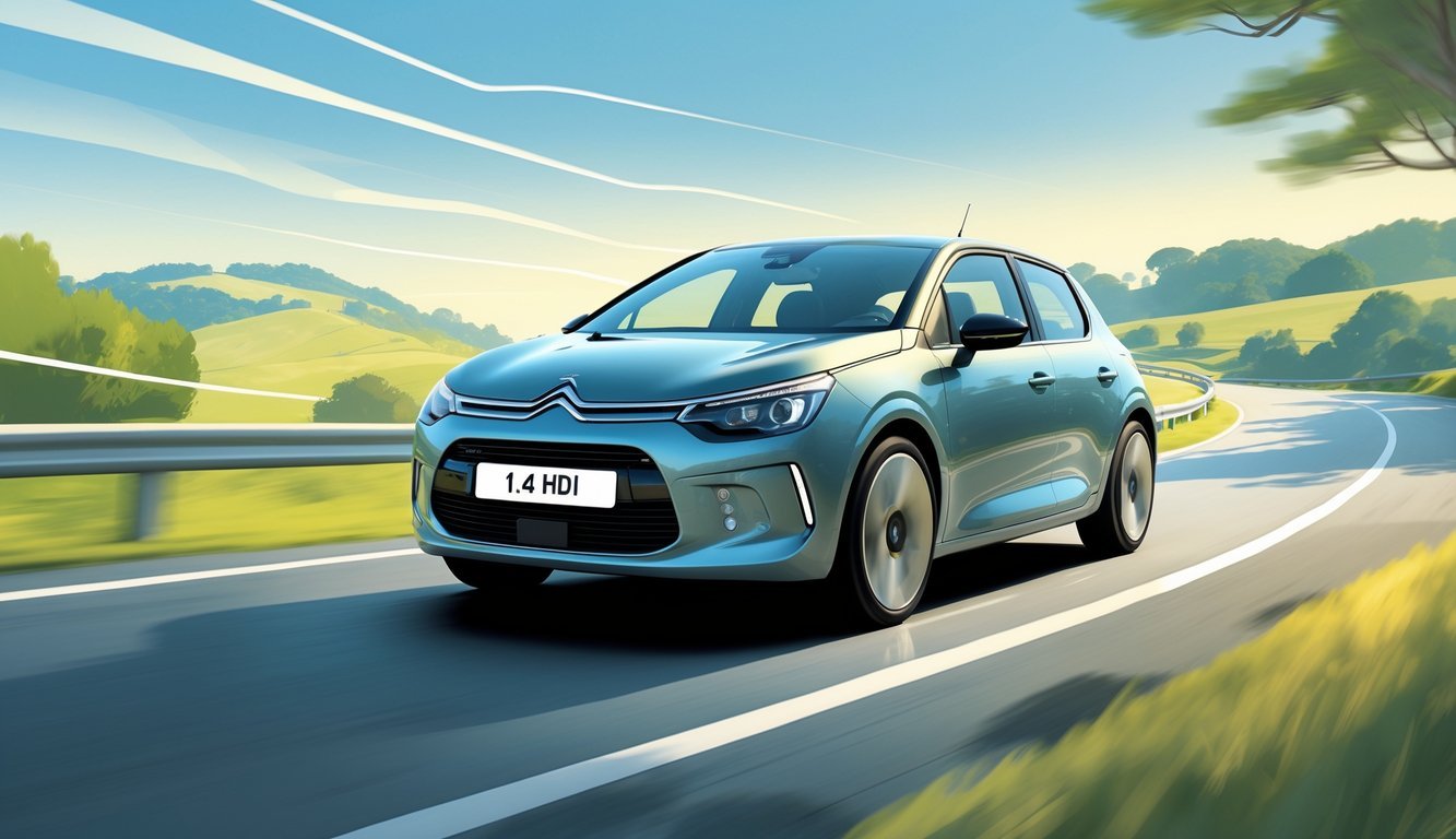 Automobil Citroën 1.4 HDi na zavojitoj cesti s prikazom ovjesa i vozačem koji uživa u vožnji.