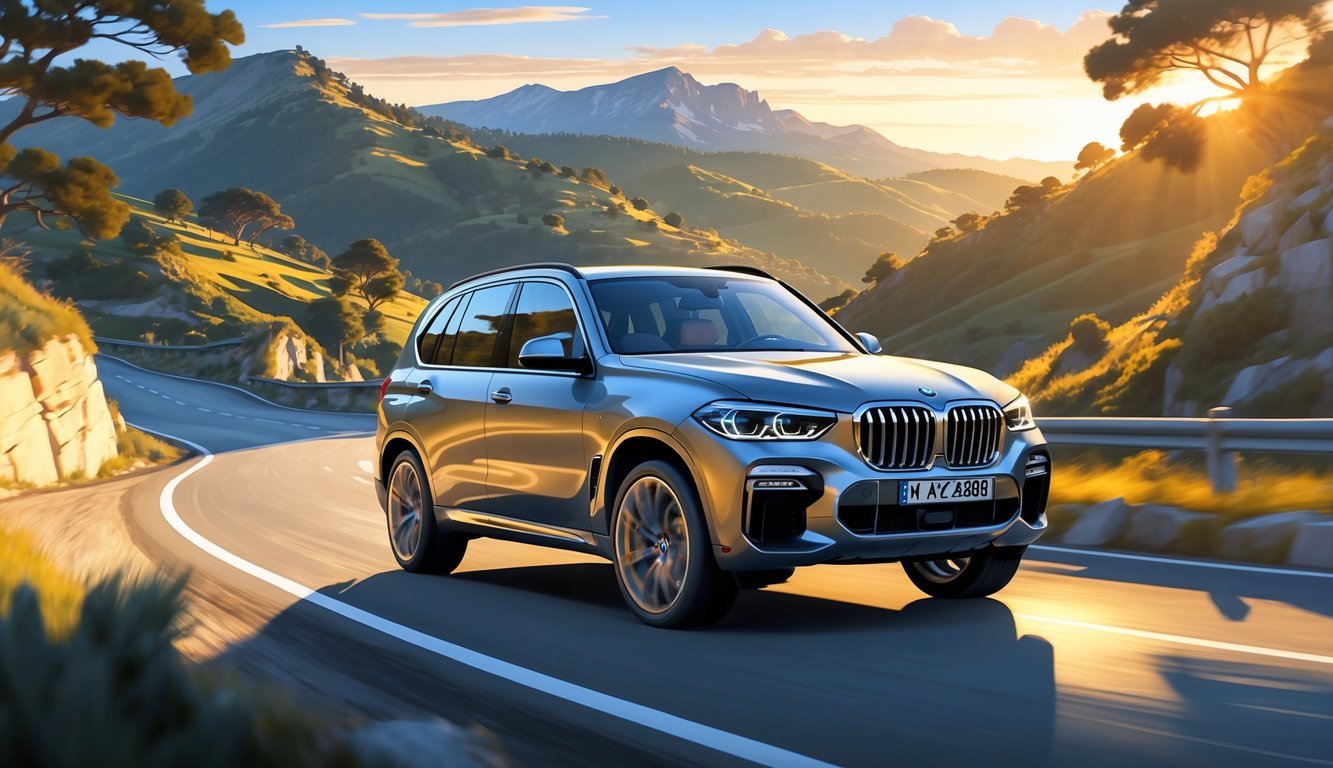 BMW X5 vozi zavojitu cestu u planinskom krajoliku tijekom zalaska sunca.