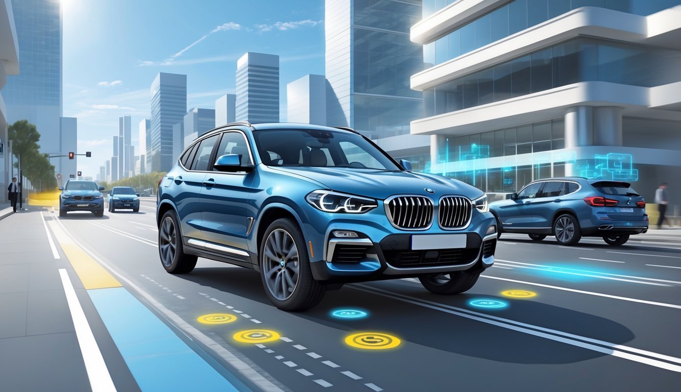 BMW X3 na cesti s prikazom sigurnosnih sustava i pomoći vozaču.