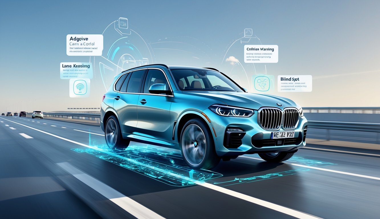 BMW X5 na cesti s prikazom sigurnosnih i pomoćnih sustava vozaču.