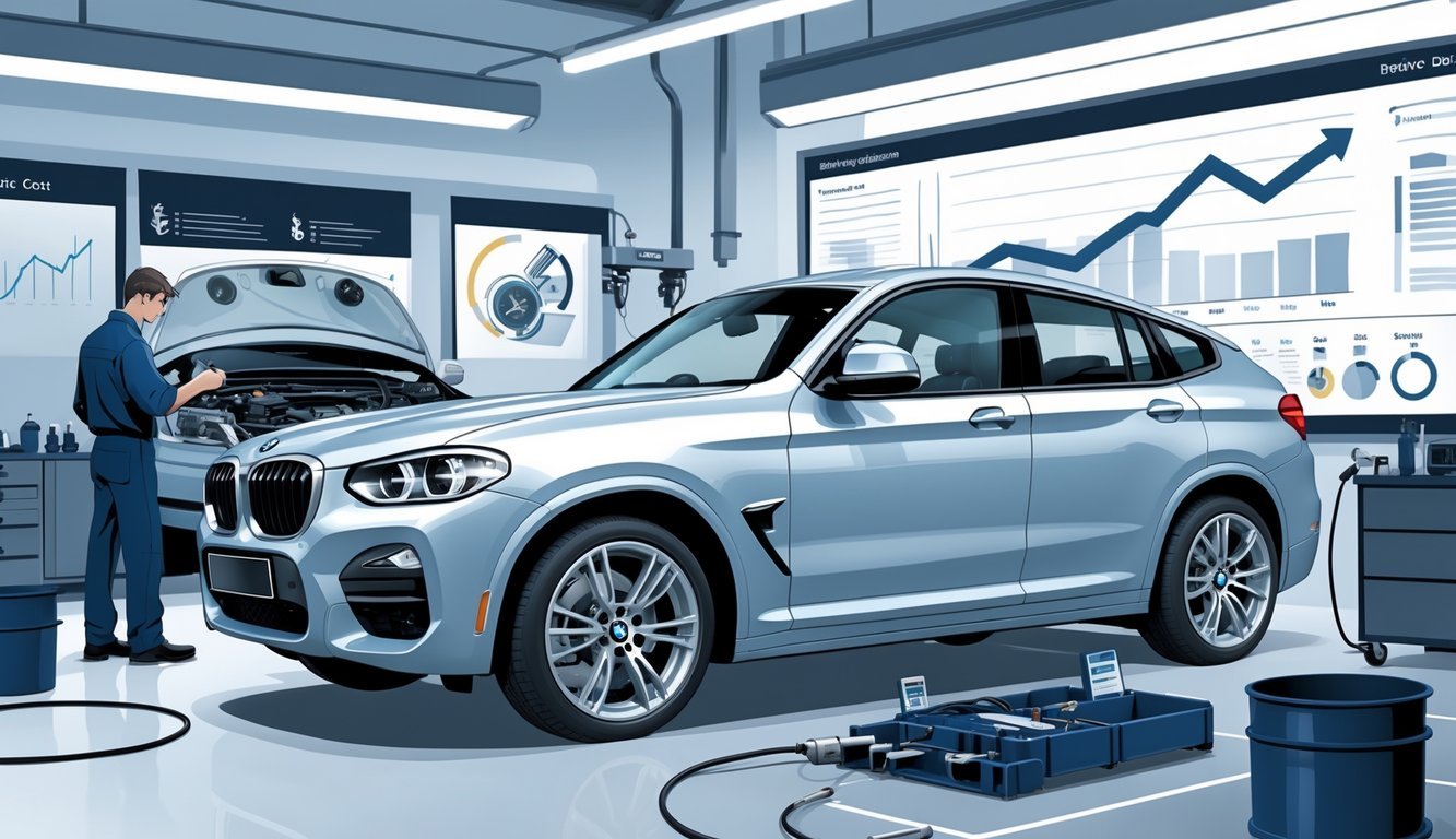 BMW X3 u automobilskom servisu s mehaničarom koji pregledava vozilo i prikazom dijelova automobila koji simboliziraju tipične kvarove.