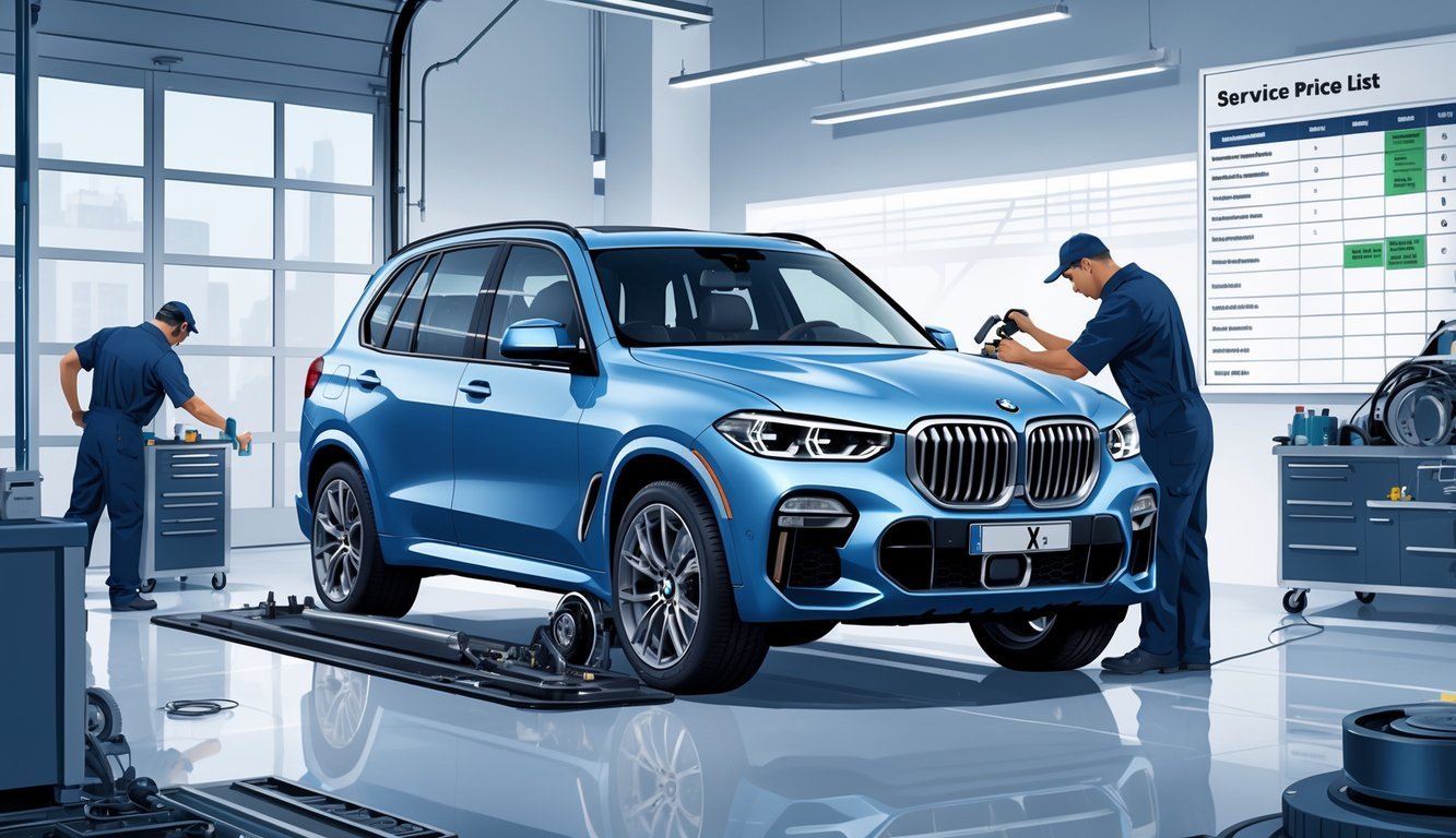 BMW X5 parkiran u radionici dok mehaničari pregledavaju i popravljaju vozilo.