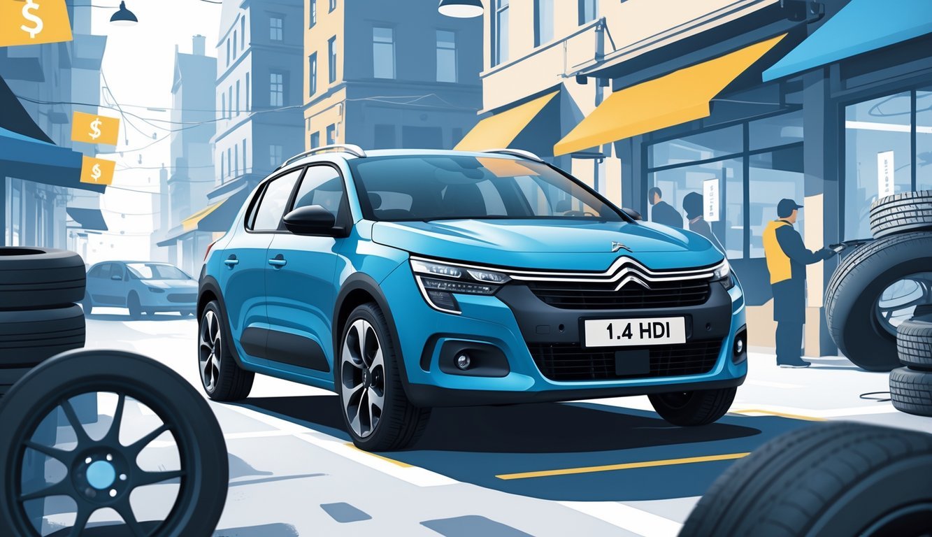 Prikaz rabljenog Citroëna 1.4 HDi na gradskom parkiralištu s elementima opreme i tržišta automobila u pozadini.