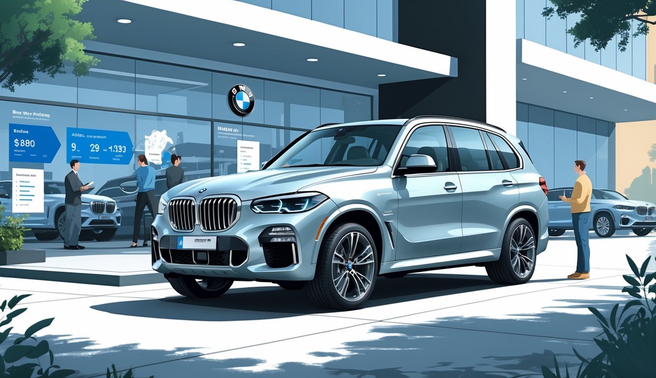 BMW X5 parkiran ispred modernog salona automobila s grafičkim prikazom cijena, opreme i tržišta rabljenih vozila.