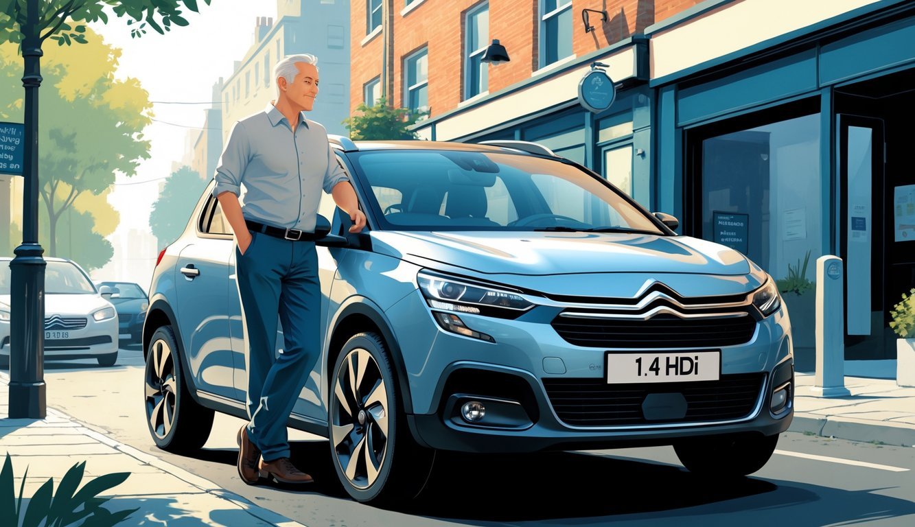 Osoba stoji pored Citroëna 1.4 HDi na gradskom ulici, razmišljajući o svojim iskustvima s automobilom.