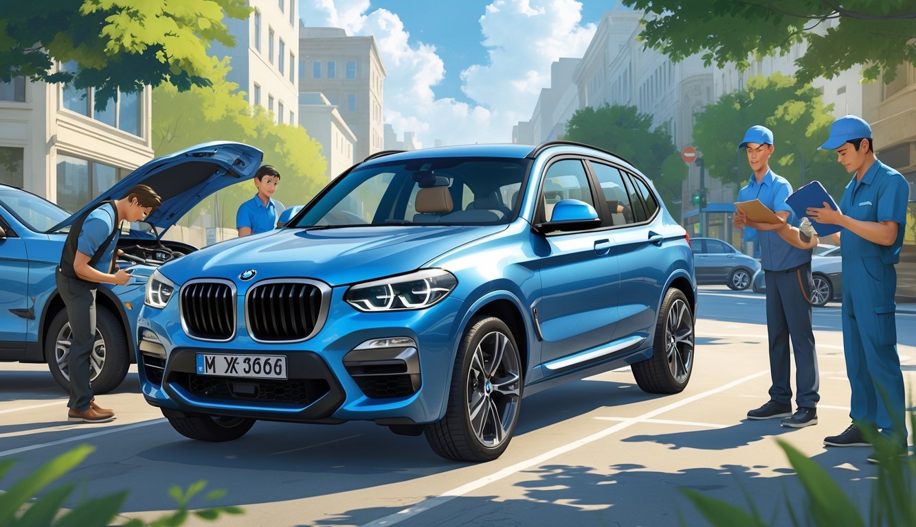 BMW X3 parkiran na gradskoj ulici s nekoliko ljudi koji pregledavaju i razgovaraju o automobilu.