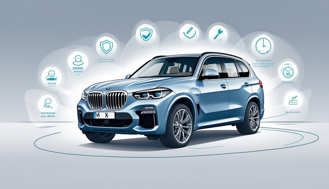 Prikaz BMW X5 automobila s simbolima koji predstavljaju prednosti i mane vlasničkog iskustva.