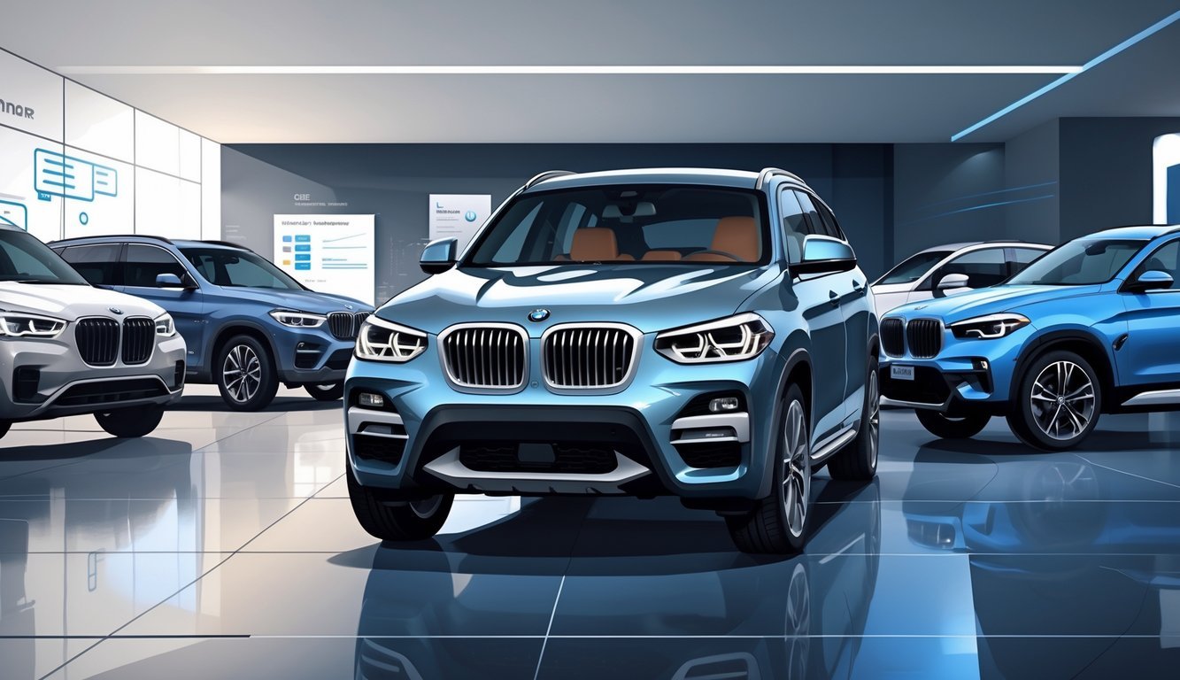 Prikaz nekoliko SUV vozila, uključujući BMW X3, postavljenih u suvremenom izložbenom prostoru radi usporedbe.