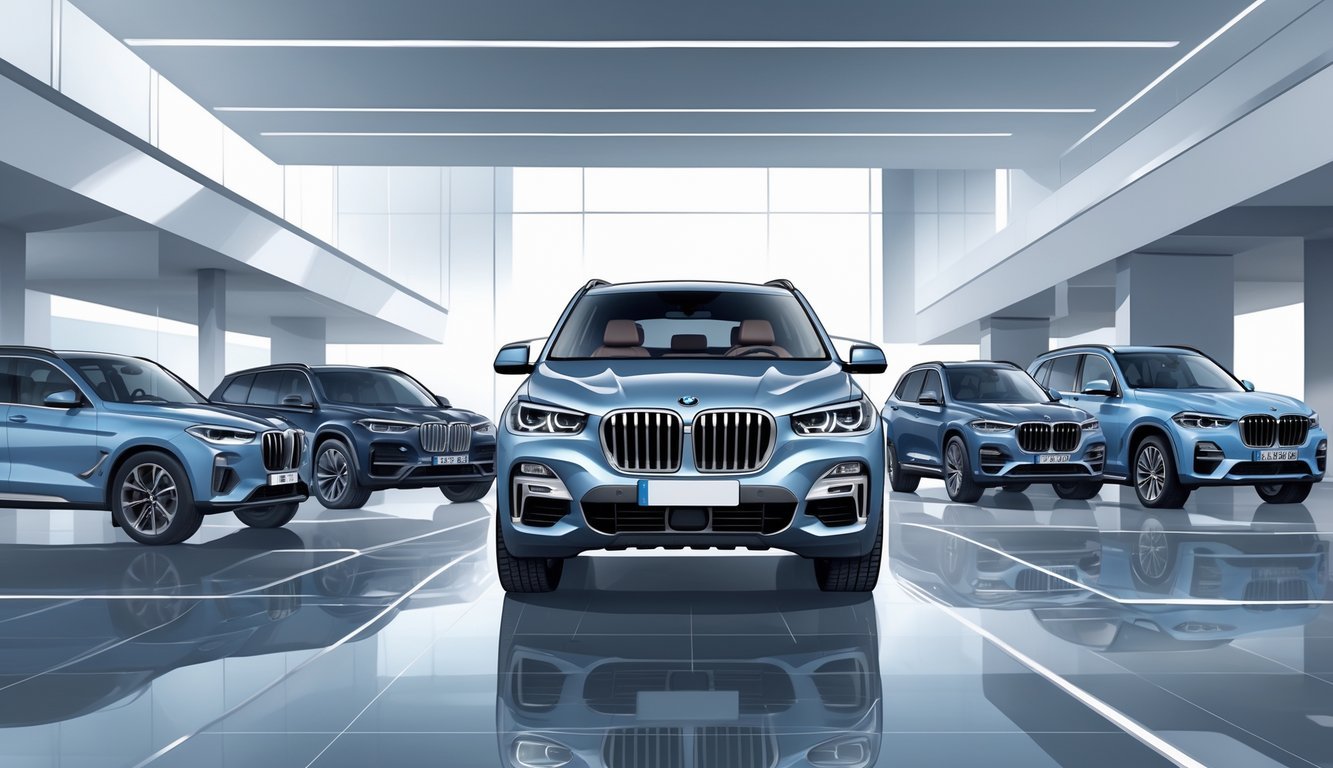 Prikaz nekoliko SUV vozila postavljenih jedno do drugog u izložbenom prostoru, s BMW X5 u sredini, radi usporedbe njihovih dizajna i veličina.