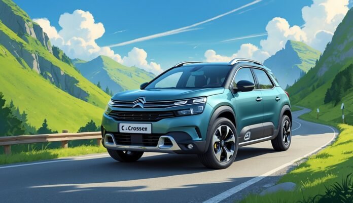 Citroën C-Crosser parkiran na planinskoj cesti s pogledom na zelene brežuljke i plavo nebo.
