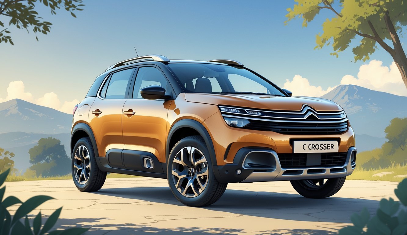 Citroën C-Crosser SUV parkiran na otvorenom krajoliku s drvećem i planinama u pozadini.