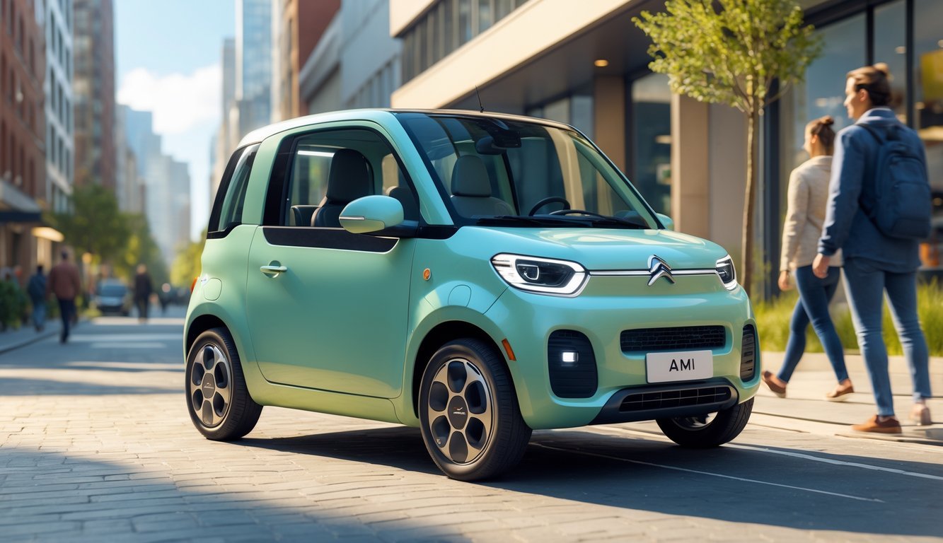 Citroën Ami parkiran na gradskoj ulici s ljudima i zgradama u pozadini.