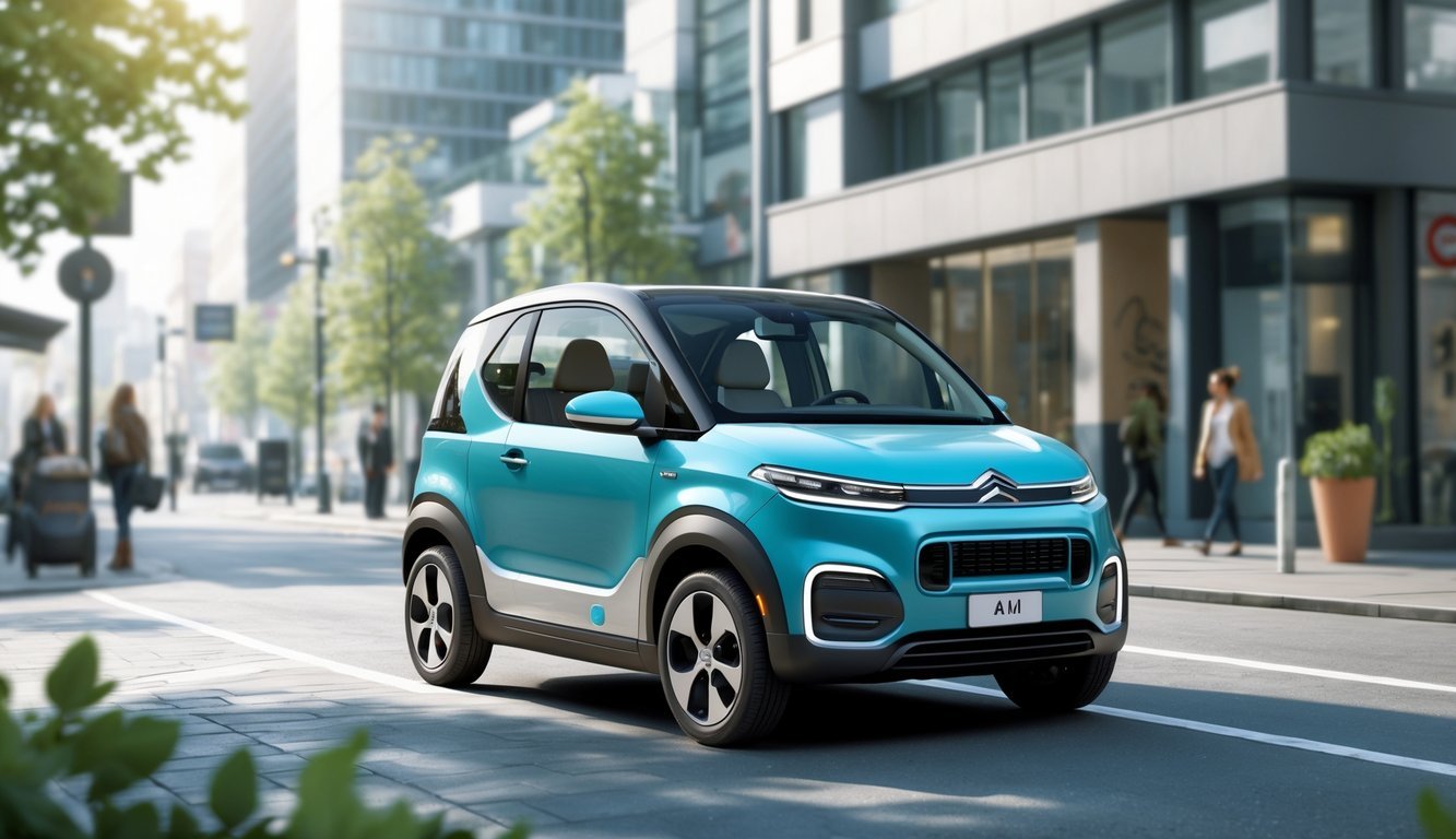 Mali električni automobil na gradskom ulici s modernim zgradama i ljudima u pozadini.