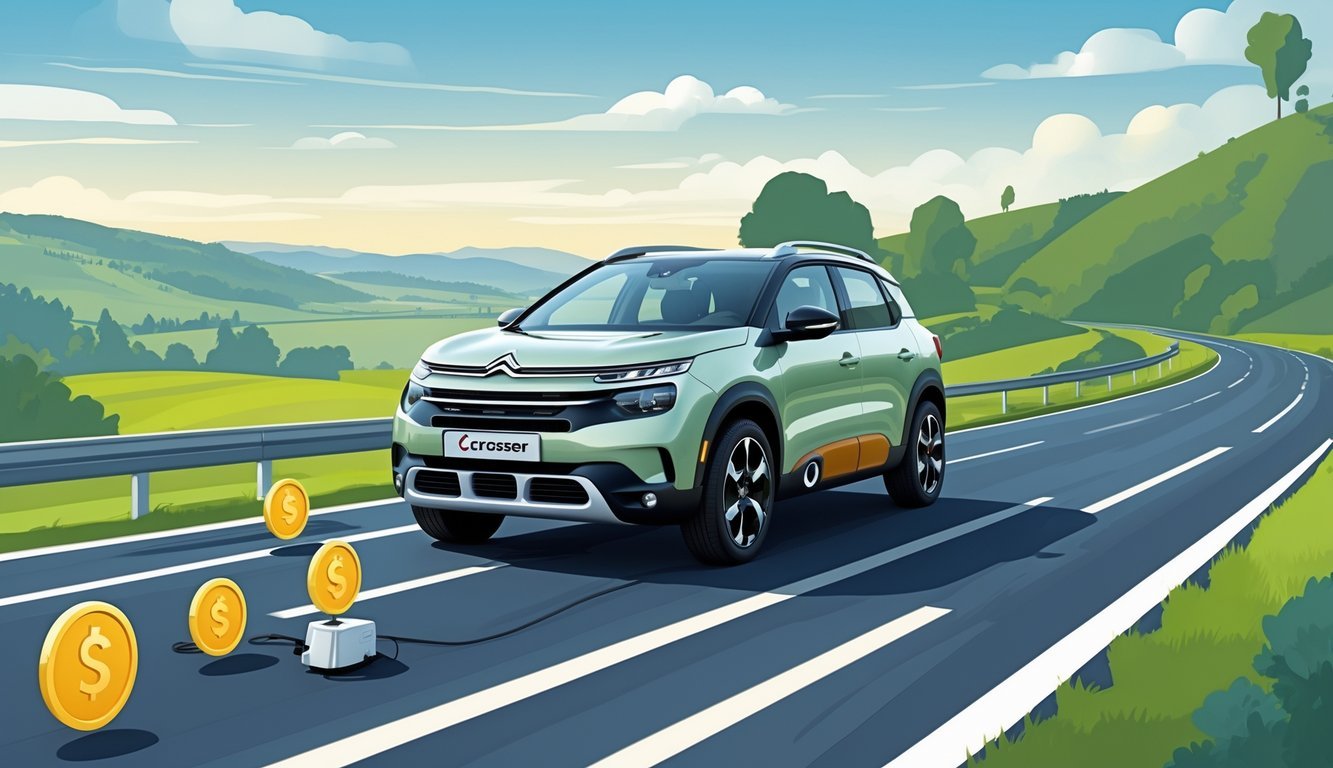 Citroën C-Crosser SUV na cesti okružen simbolima potrošnje goriva i troškova vožnje.