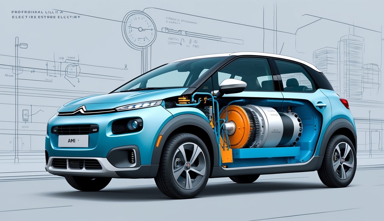 Prikaz unutrašnjosti Citroën Ami automobila s vidljivim motorom i mjenjačem, na gradskom ulici.