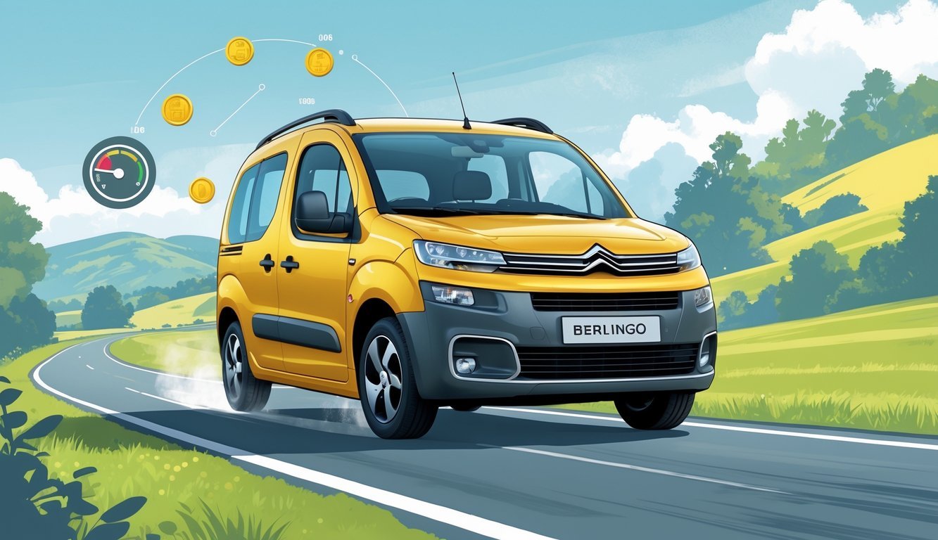 Citroën Berlingo 1.9 D na cesti okružen simbolima potrošnje goriva i troškova vožnje.