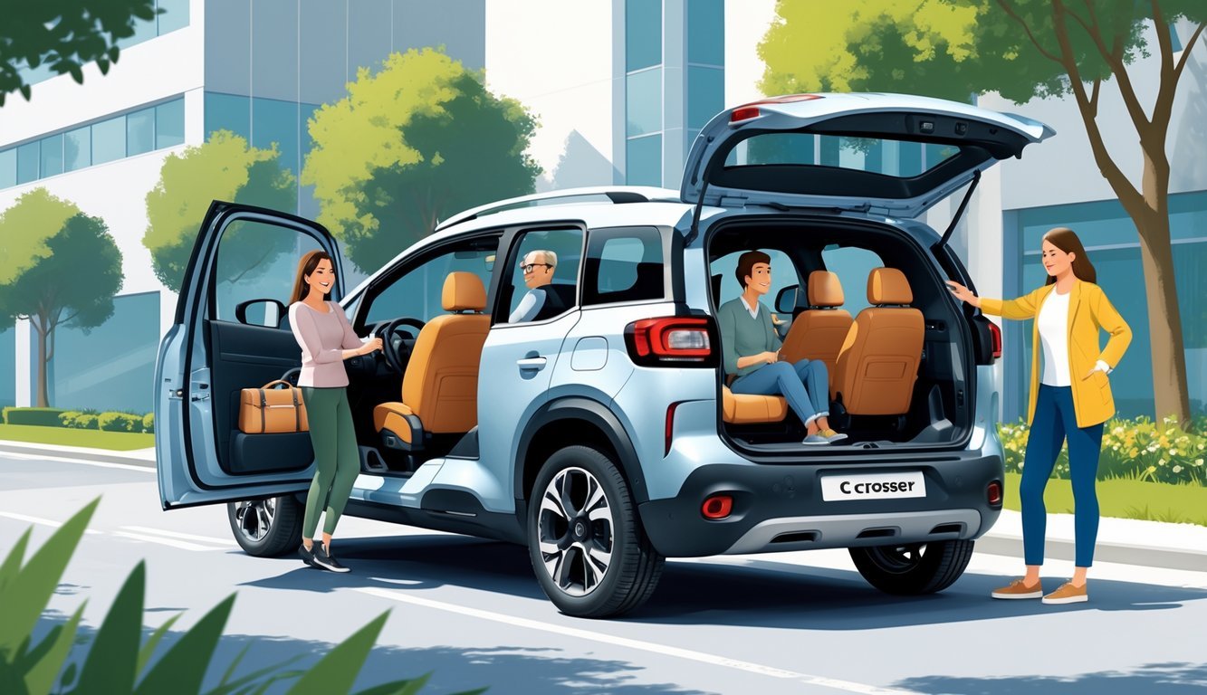 Obitelj koristi Citroën C-Crosser parkiran u gradu, s otvorenim vratima koja prikazuju prostran i udoban interijer.