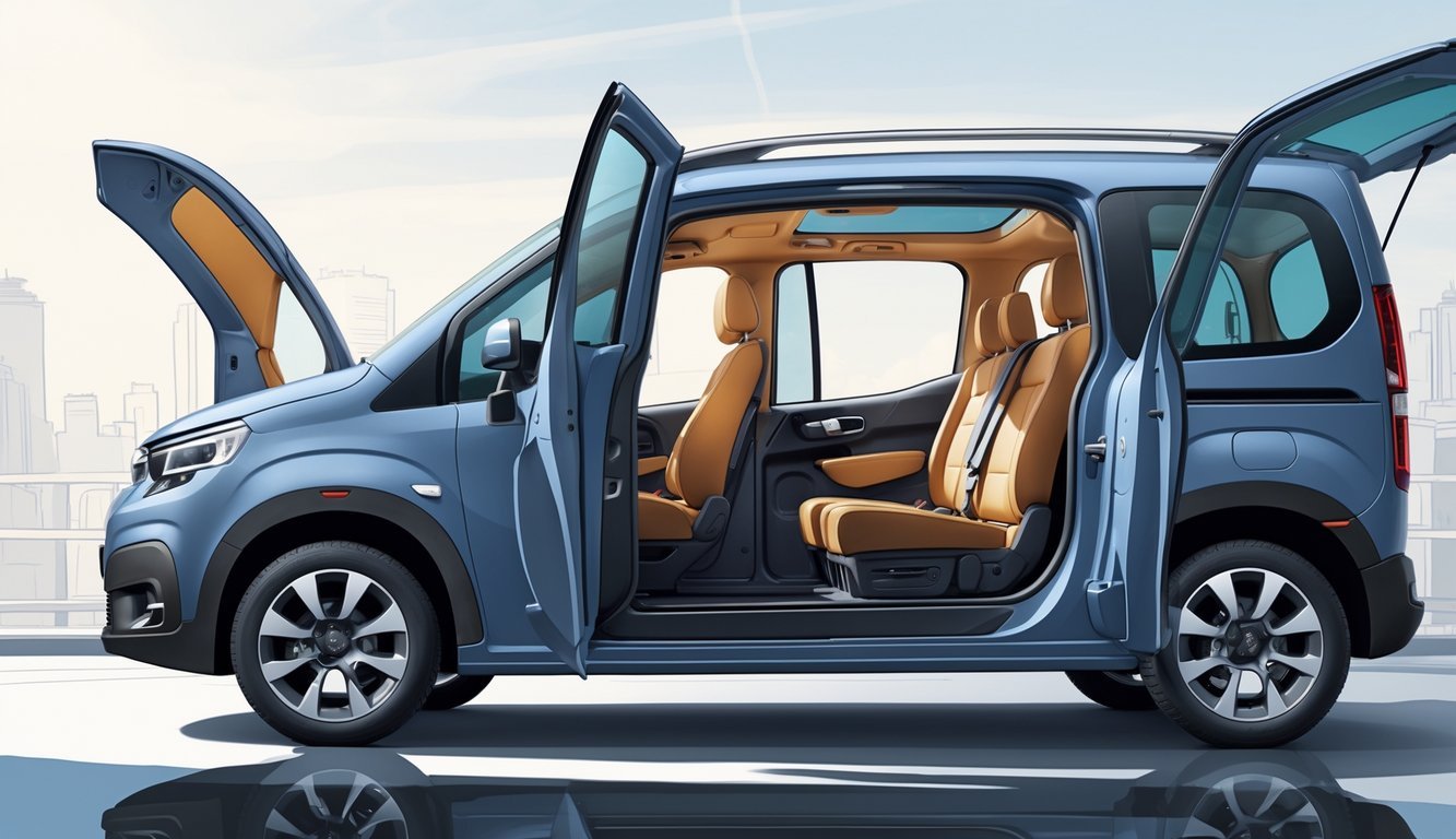 Prikaz Citroëna Berlinga 1.9 D s otvorenim vratima koja otkrivaju prostran i praktičan interijer te vozilo parkirano u urbanom okruženju.