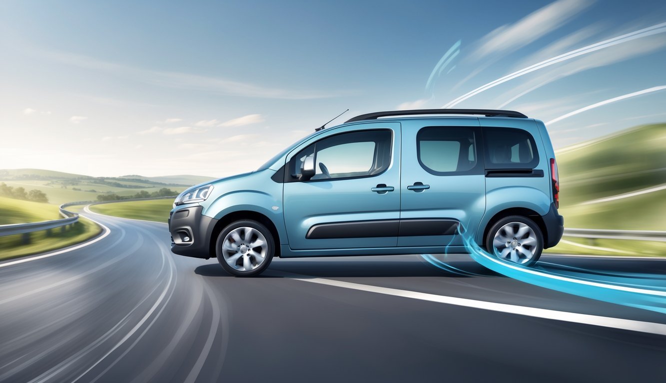 Citroën Berlingo 1.9 D na vijugavoj cesti u prirodnom krajoliku, prikazan u pokretu s naglaskom na ovjes i osjećaj u vožnji.