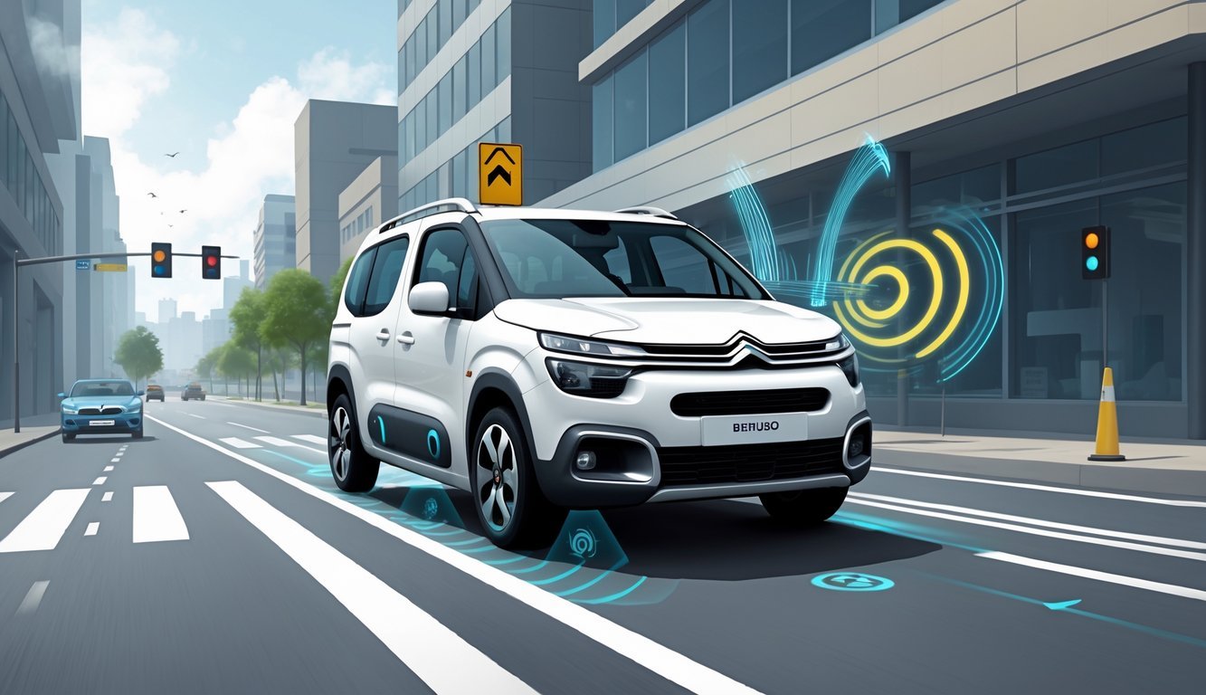 Automobil Citroën Berlingo 1.9 D na cesti s prikazom aktivnih sigurnosnih i pomoćnih sustava vozaču.