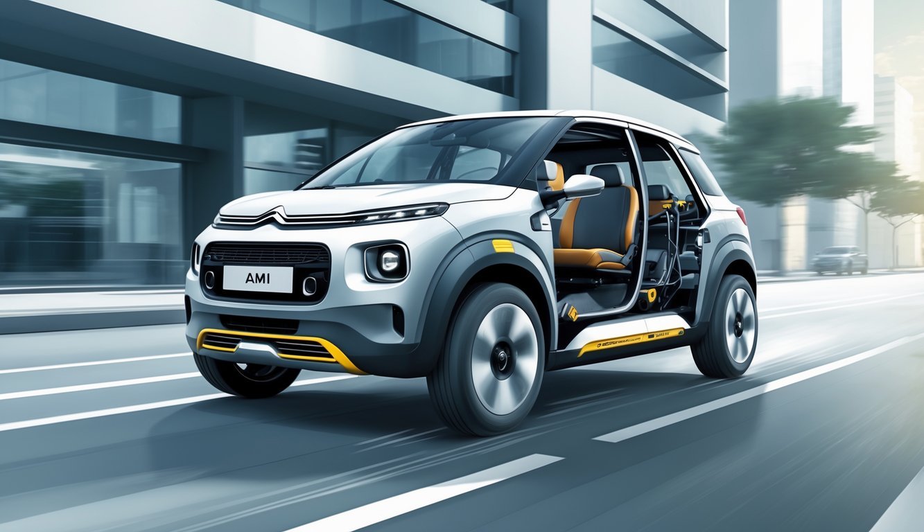 Citroën Ami vozilo u pokretu na gradskoj ulici s prikazom ovjesa i osjećaja u vožnji.