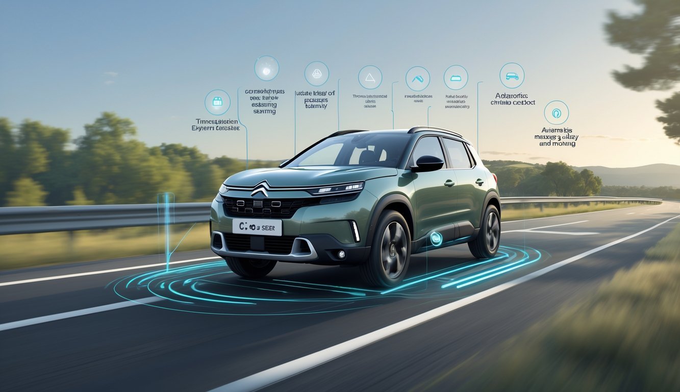 Citroën C-Crosser na cesti s prikazom sigurnosnih i pomoćnih sustava vozaču.