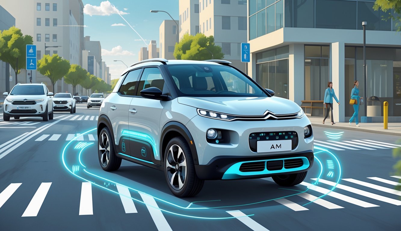 Citroën Ami električni automobil na gradskom putu s prikazom sigurnosnih senzora i sustava pomoći vozaču.
