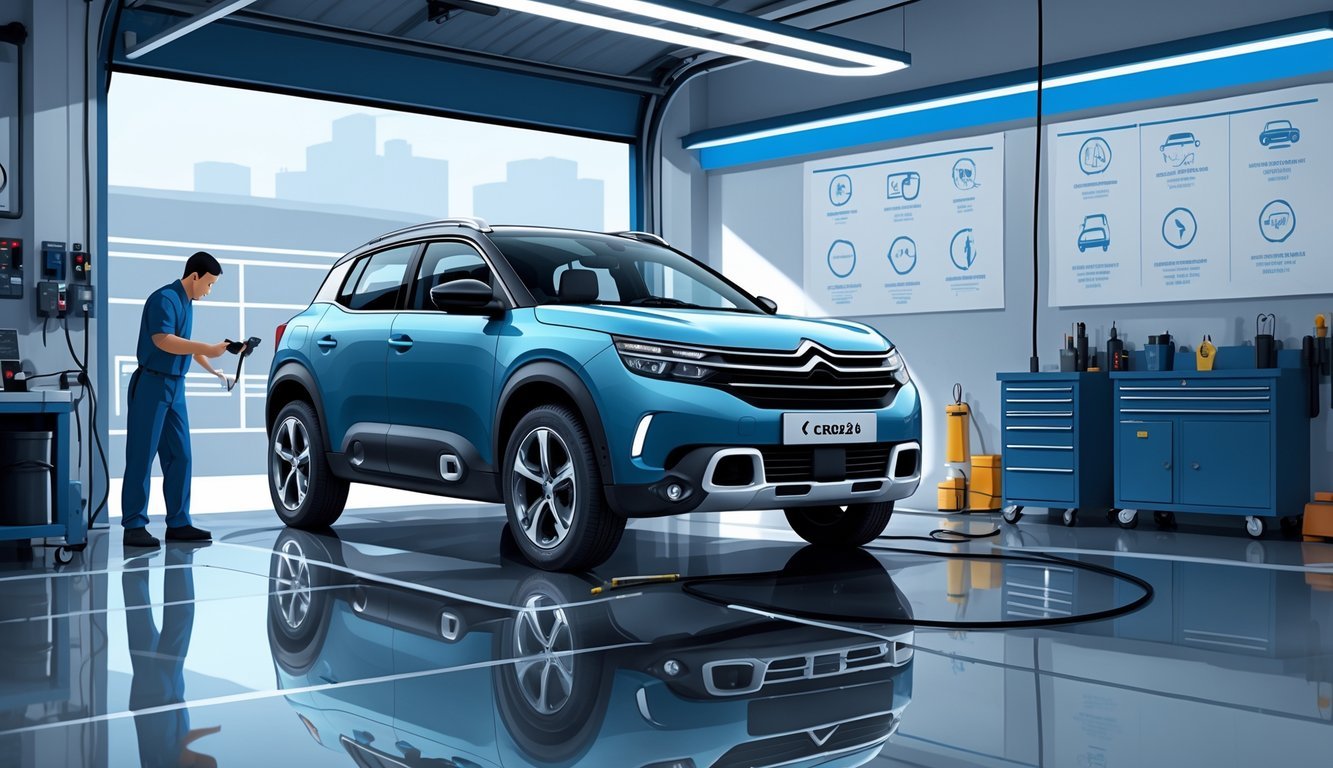 Automobil Citroën C-Crosser u radionici dok mehaničar pregledava motor, s prikazom simbola tipičnih kvarova i elemenata koji sugeriraju troškove servisa.