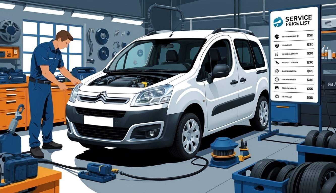 Mehaničar pregledava motor Citroën Berlingo 1.9 D u radionici s prikazom uobičajenih kvarova i opreme za servis.