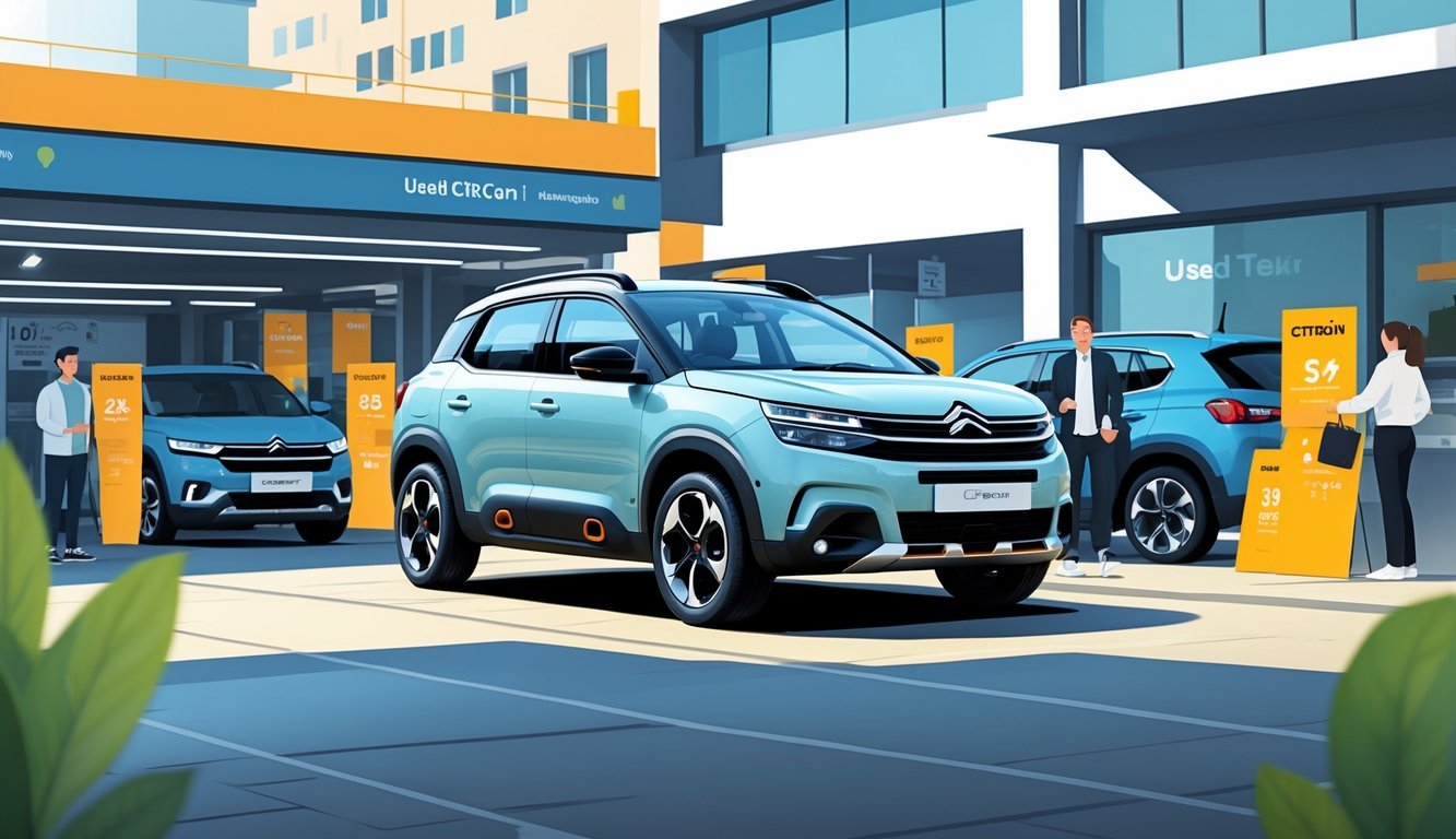 Rabljeni Citroën C-Crosser parkiran ispred autosalona s ljudima koji razgovaraju o kupnji i prodaji automobila.