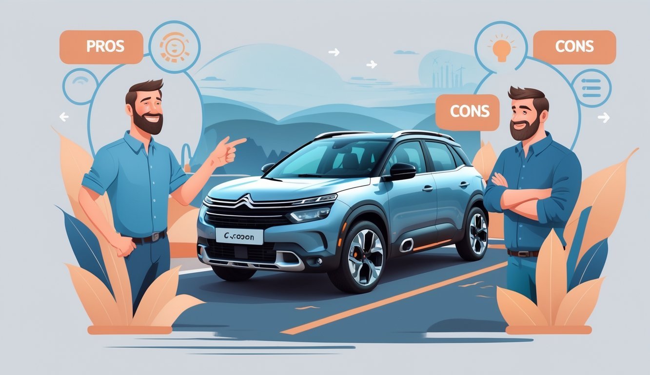 Vlasnik stoji pored Citroëna C-Crossera na cesti, s jedne strane pokazuje zadovoljstvo, a s druge razmišlja o nedostacima vozila.