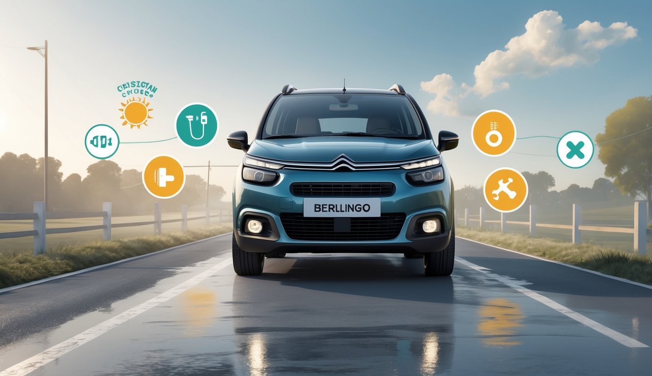 Citroën Berlingo 1.9 D parkiran na otvorenom, okružen simbolima koji prikazuju prednosti i mane vlasničkog iskustva.