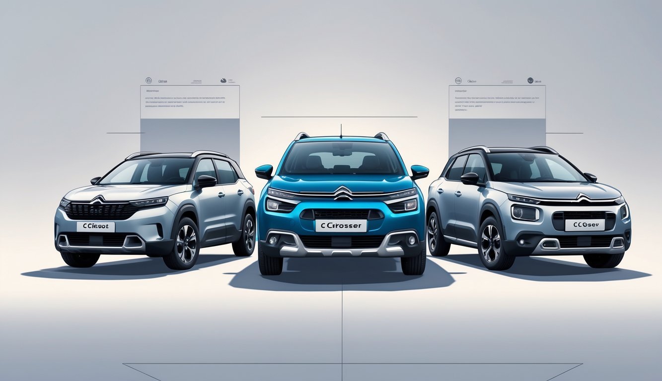 Tri kompaktna SUV vozila postavljena jedno do drugog, s Citroën C-Crosserom u sredini, prikazana iz blagog kuta sprijeda.