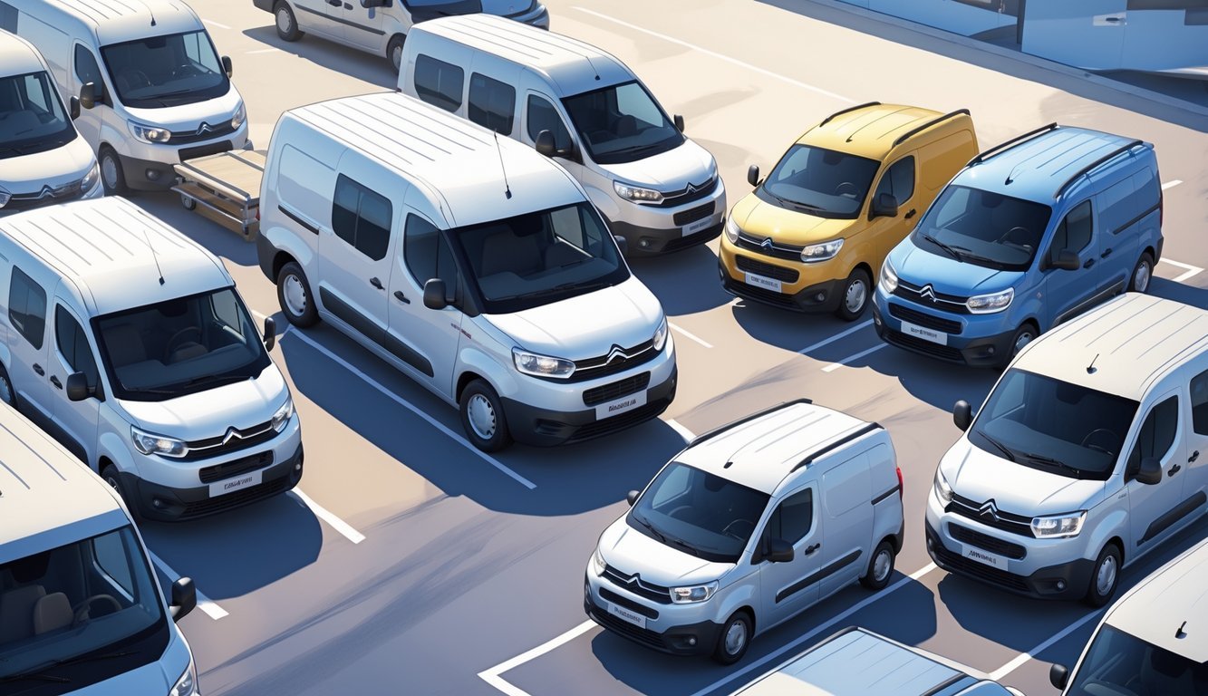 Više malih kombija parkiranih jedan do drugog na otvorenom, s naglaskom na Citroën Berlingo 1.9 D.