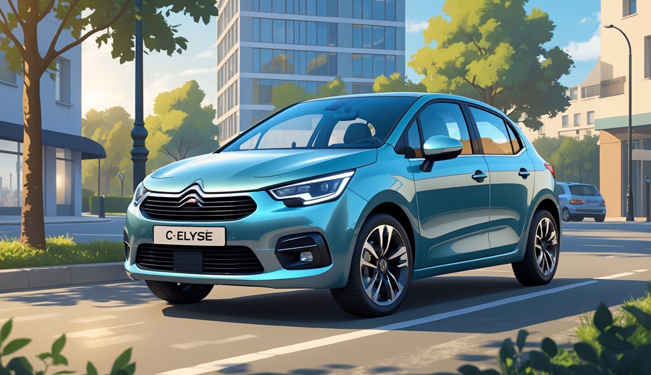 Citroën C-Elysée 1.2 parkiran na gradskoj ulici s modernim zgradama i drvećem u pozadini.