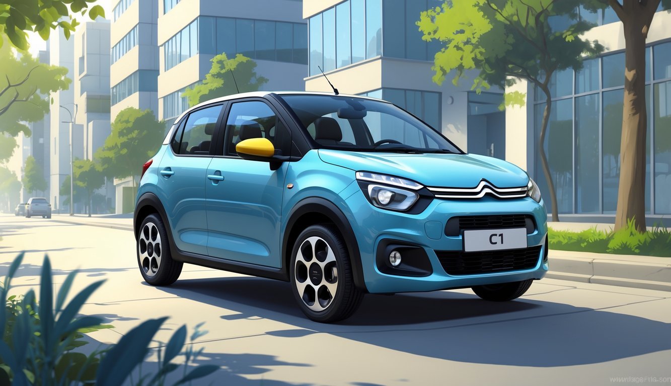 Mali gradski automobil parkiran na ulici ispred modernih zgrada s drvećem u pozadini.