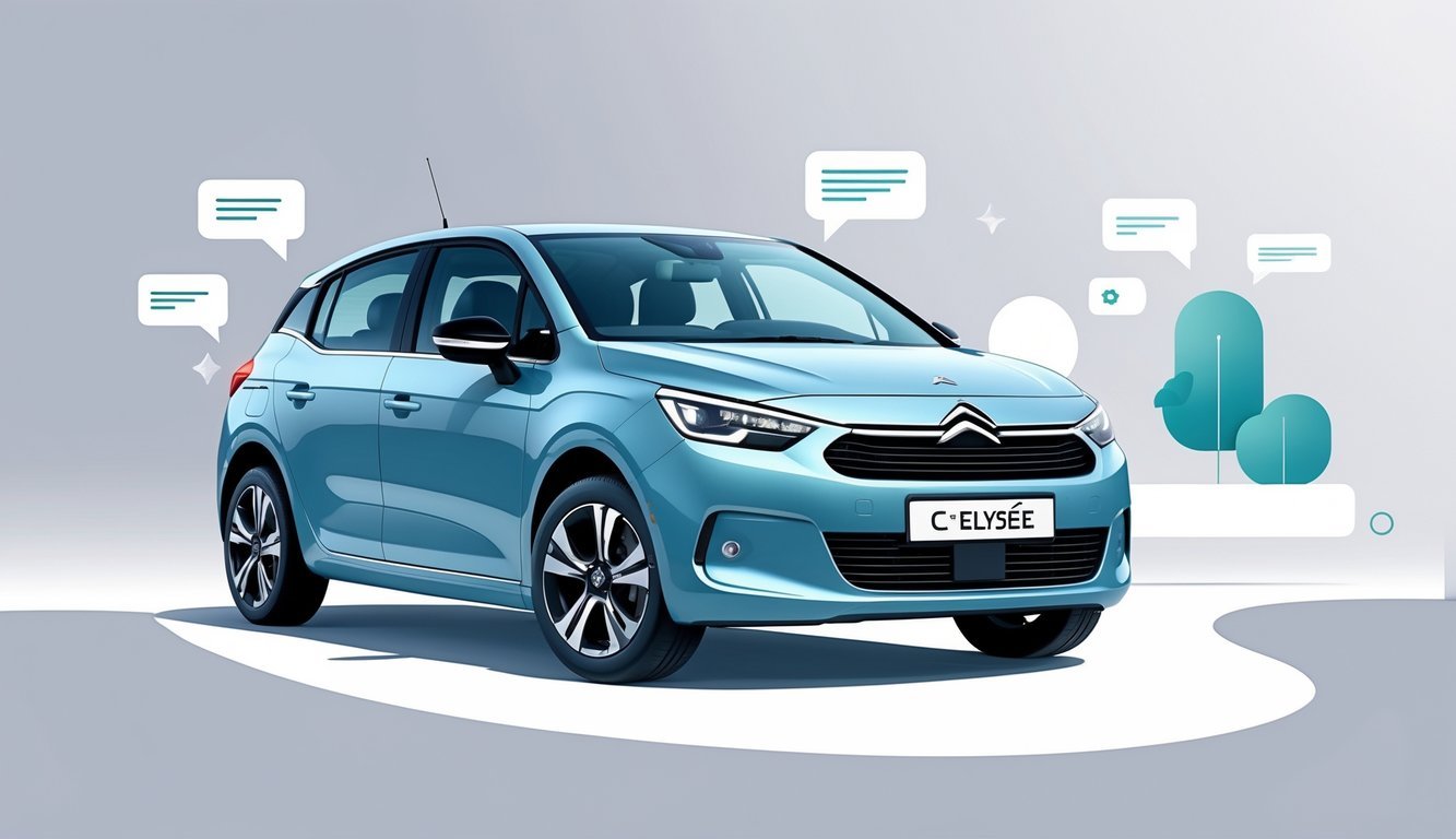 Prikaz automobila Citroën C-Elysée 1.2 iz tri četvrtine sprijeda, okružen simbolima korisničkih iskustava i recenzija.