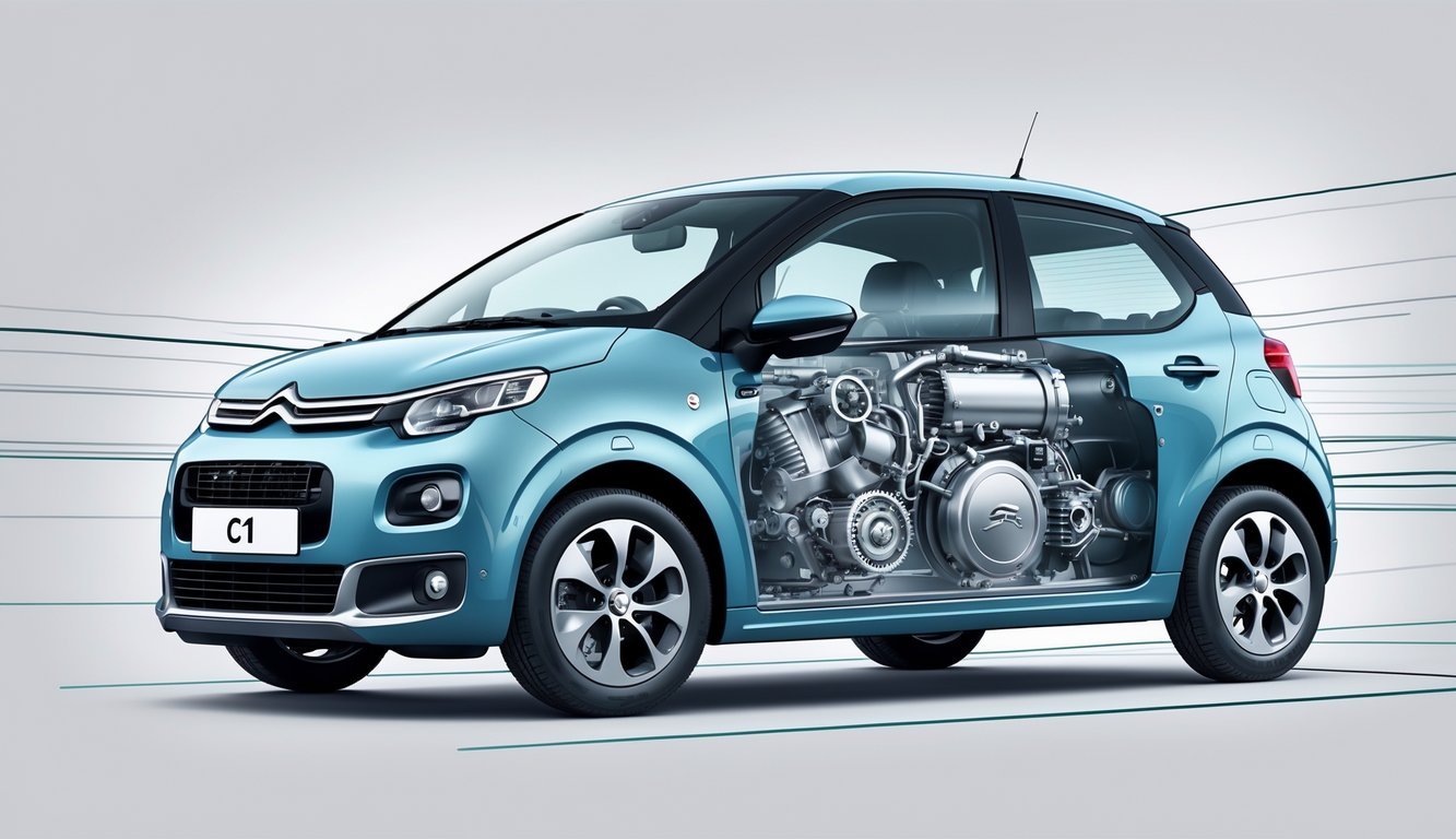 Prikaz Citroën C1 automobila s vidljivim motorom i mjenjačem.