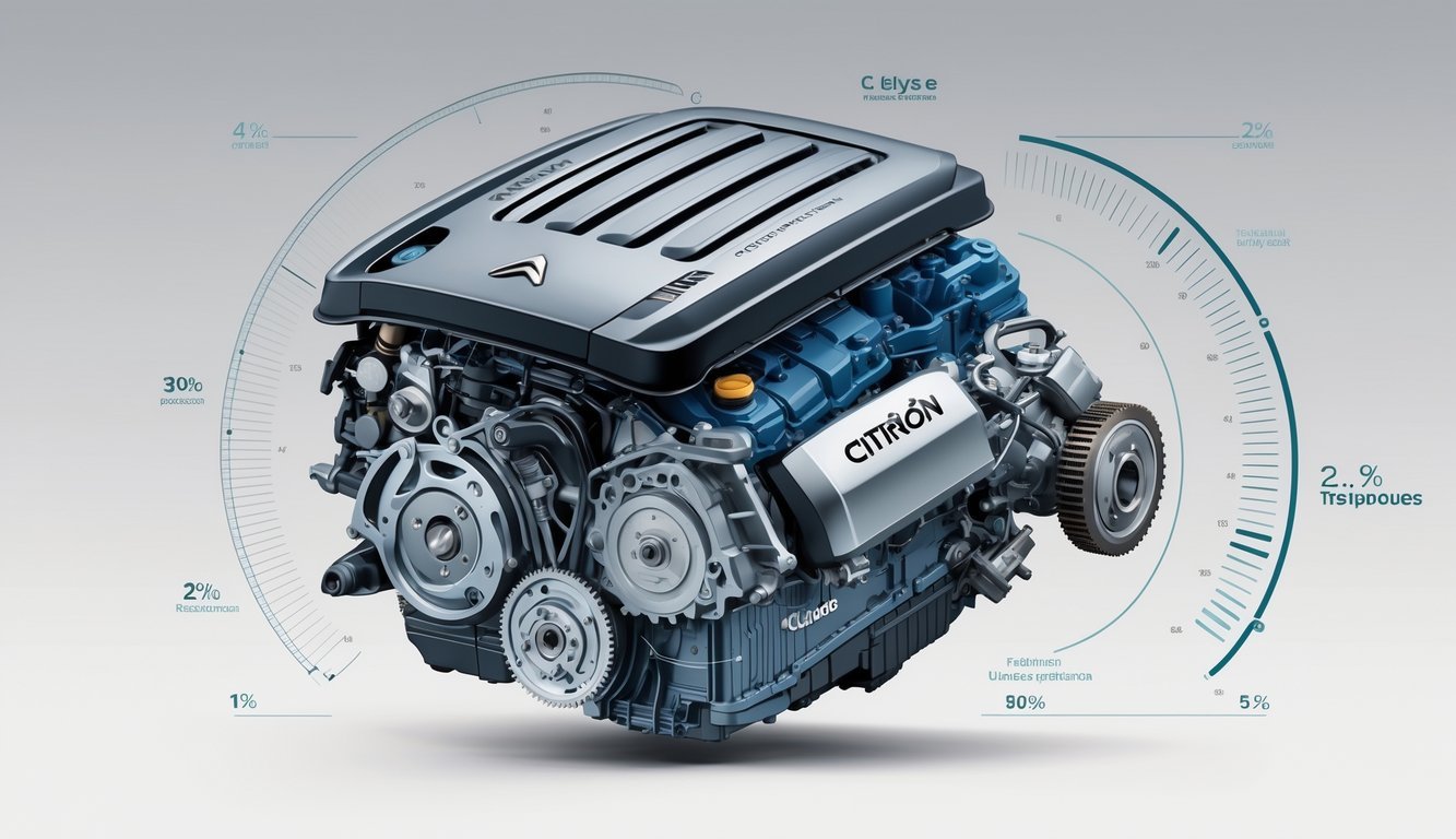 Prikaz motora, performansi i mjenjača Citroën C-Elysée 1.2 s detaljnim prikazom unutarnjih dijelova i mehaničkih komponenti.