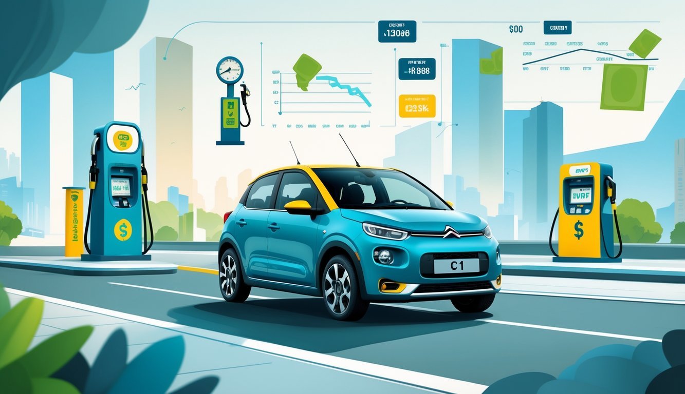 Citroën C1 automobil na cesti s prikazom elemenata koji simboliziraju potrošnju goriva i troškove vožnje.