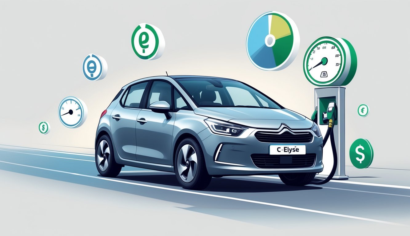 Citroën C-Elysée 1.2 automobil na cesti s ikonama koje prikazuju potrošnju goriva i troškove vožnje.