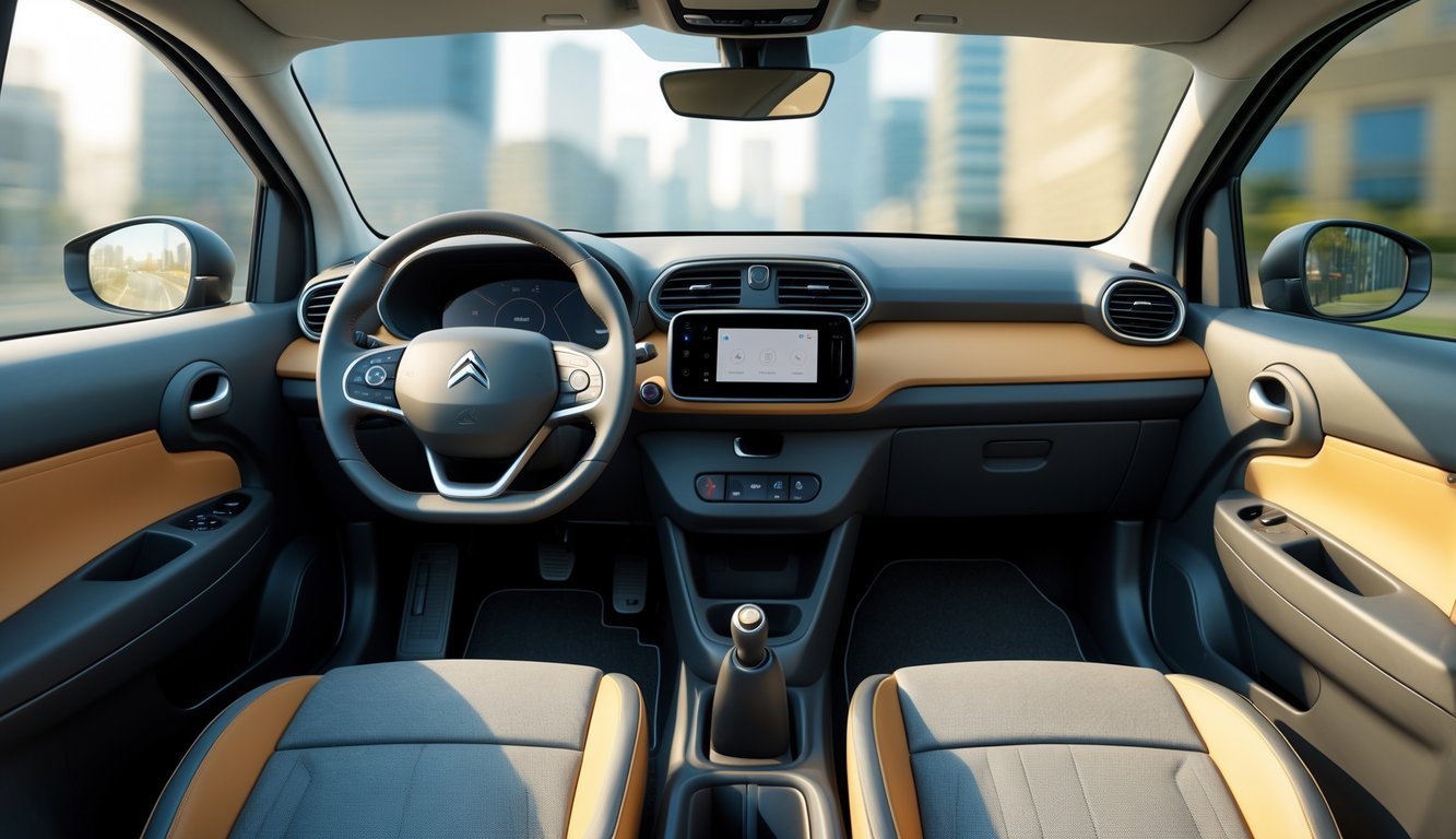 Unutrašnjost Citroën C1 automobila s udobnim sjedalima i prostranim prostorom, prikazana u gradskom okruženju.