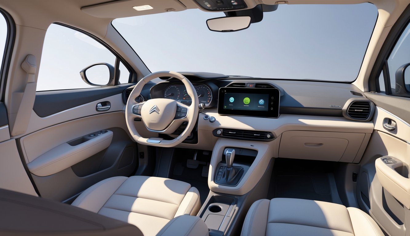 Unutrašnjost Citroën C-Elysée automobila s prikazom upravljača, sjedala i modernog infotainment sustava.