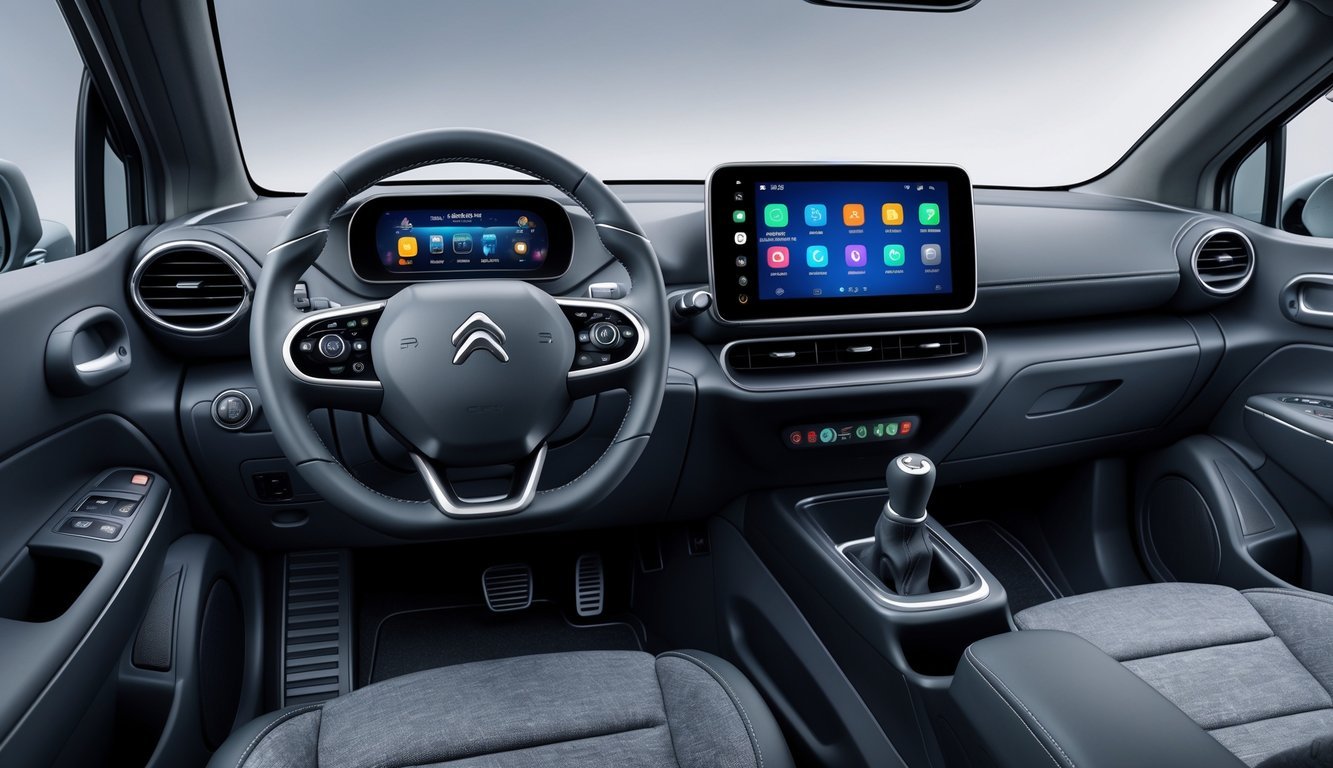 Unutrašnjost Citroën C1 automobila s prikazom upravljača, sjedala i infotainment sustava.