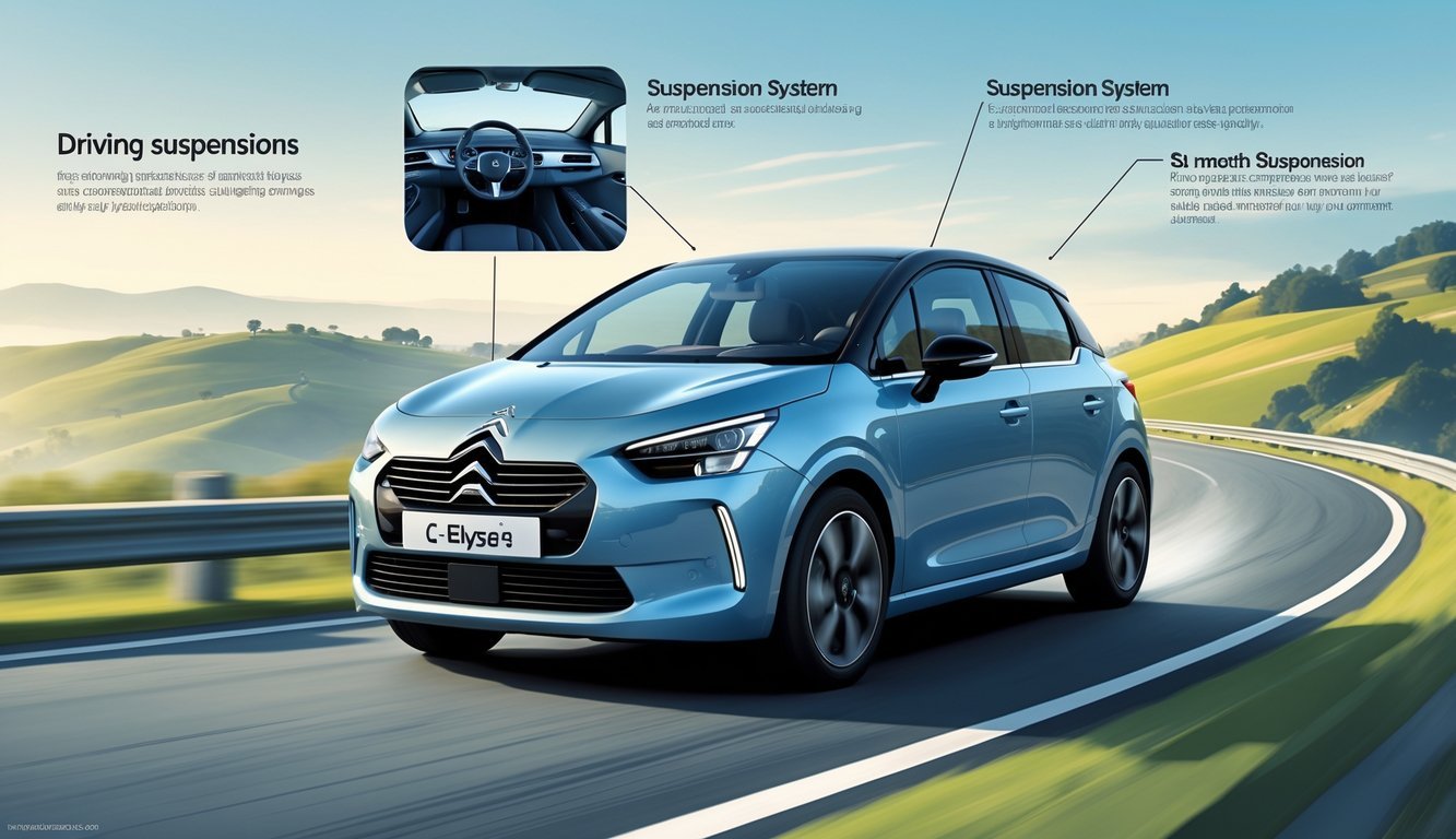Automobil Citroën C-Elysée 1.2 u vožnji na zavojitoj cesti s prikazom ovjesa i unutrašnjosti vozila.