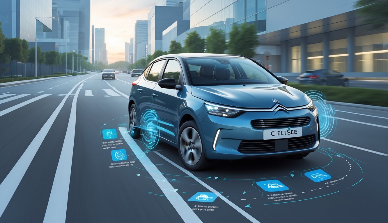 Automobil Citroën C-Elysée 1.2 na cesti s prikazom sigurnosnih i sustava pomoći vozaču.